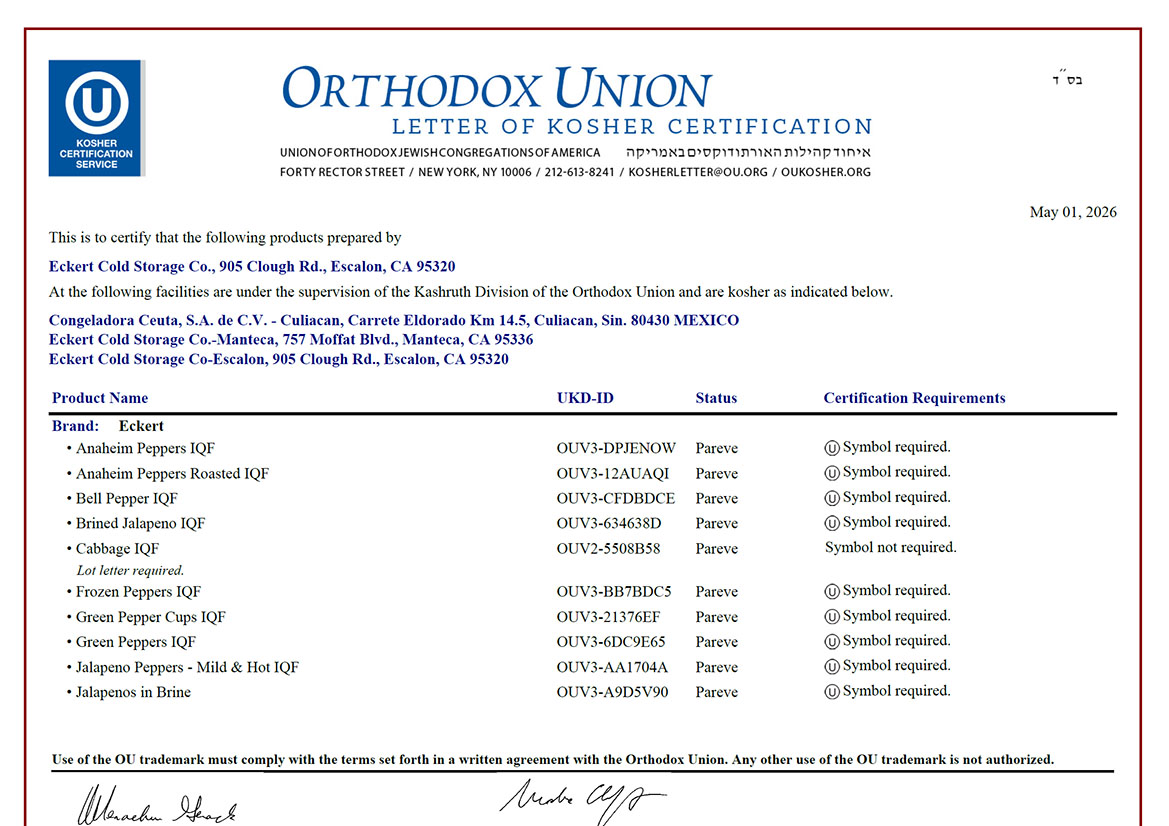 Orthodox Union Letter Of Kosher Certification For Eckert Cold Storage Orthodox Union Letter Of Kosher Certification For Eckert Cold Storage