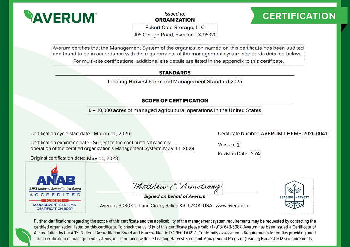 2026 0041 Averum Leading Harvest Certificate for Eckert Cold Storage